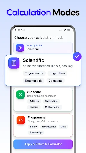 Scientific Calculator modes selection screen showing Scientific, Standard, and Programmer calculation options