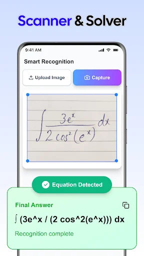 Smart equation scanner recognizing handwritten math expression and converting to digital format automatically