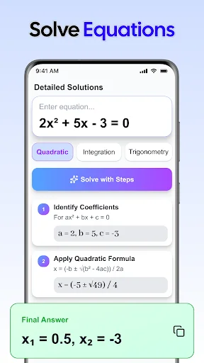 Step-by-step equation solver for quadratic formula showing coefficient identification and solution steps