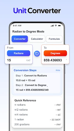 Unit converter tool converting 15 Radians to 859.436693 Degrees with step-by-step conversion details
