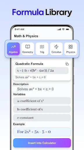 Formula library displaying Quadratic Formula with mathematical description, variables, and calculator insert