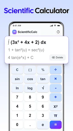 Scientific Calculator with integral ∫(3x²+4x+2)dx display and trigonometric, logarithmic, exponential function buttons
