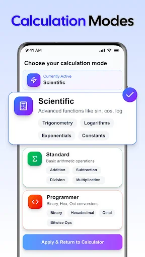 Calculation modes selector showing Scientific, Standard, and Programmer options with specialized function categories