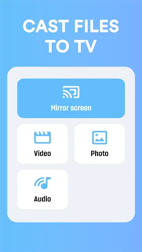 Cast Files to TV menu displaying mirroring and file casting options including Mirror screen, Video, Photo, and Audio features