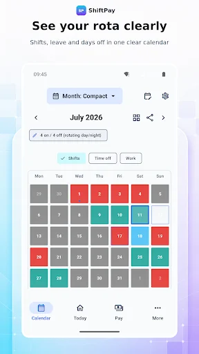 Compact month calendar for July 2026 showing color-coded shifts, time off, and work days