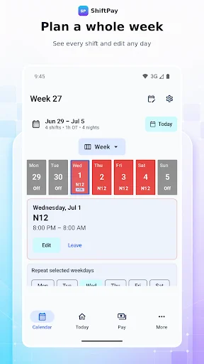 Week view for Week 27 displaying 7-day shift schedule with detailed times and edit options