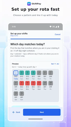 Setup wizard step 2 for configuring shift pattern by matching today's shift type to preview