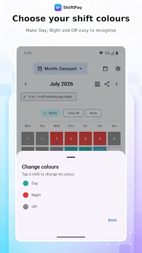 Shift color customization screen with legend showing Day (teal), Night (red), and Off (gray)