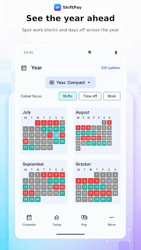 Year view showing 4 months (July-October 2026) with color-coded shifts, time off, and work patterns