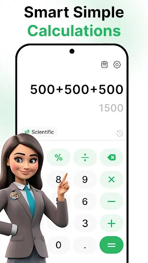 Basic calculator with number pad and operations showing 500+500+500 equals 1500 result calculation
