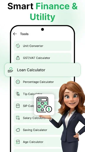 Smart finance and utility tools menu displaying loan, GST, percentage, salary, and currency calculators