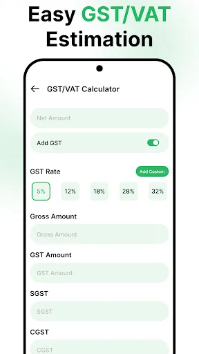 GST/VAT calculator with net amount field, tax rate selection 5%-32%, and gross amount SGST CGST results