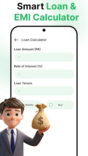 Loan calculator with input fields for loan amount, interest rate percentage, and tenure in months or years