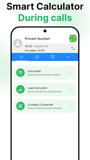 Calculator app accessible during phone calls with quick access to calculator, loan, and currency converter