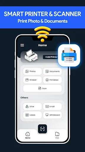 Smart Printer app home screen with menu for Photos, Documents, Browser, Printables, Scan, Drive, Email, and more