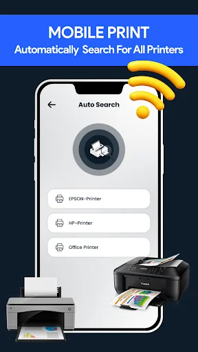 Mobile print feature auto-detecting EPSON, HP, and Office printers via WiFi for wireless printing