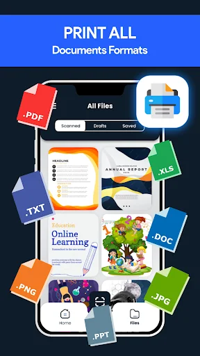 Print documents in multiple formats: PDF, DOC, XLS, JPG, PNG, PPT, TXT supported by Smart Printer app