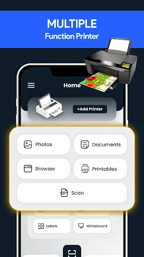 Smart Printer home interface with Photos, Documents, Browser, Printables, Scan, Labels, and Whiteboard options