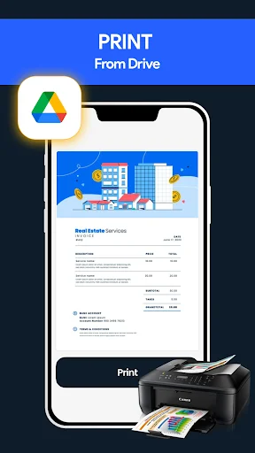 Print from Google Drive with Smart Printer app displaying Real Estate Services document preview