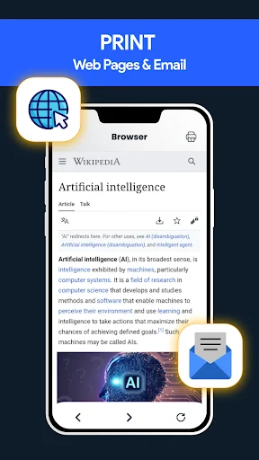 Print web pages and email feature displaying Wikipedia article in Smart Printer app browser