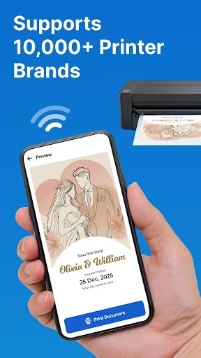 Smartphone displaying custom document with WiFi connectivity icon, supported by 10,000+ compatible printer brands