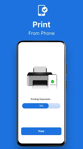 Phone screen showing printer icon with 70% print progress bar and blue Print button for wireless printing