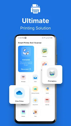 App dashboard displaying Connected, Photos, Printalbums, Scan, OneCloud features for ultimate printing solution