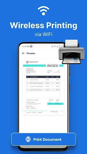 Wireless WiFi printing preview screen showing invoice document ready to print via connected printer