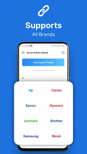 Printer brand selection screen listing HP, Canon, Epson, Kyocera, Lexmark, Brother, Samsung, and Ricoh