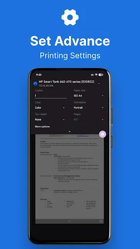 Advanced printing settings configuration screen with customizable toggles and dropdown menu options