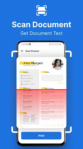 Document scan preview showing resume with profile photo, highlighted OCR text extraction, and Print button
