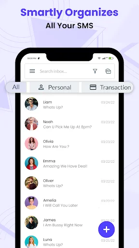 SMS inbox organizing contacts by personal and transaction tabs with search feature and message conversation list
