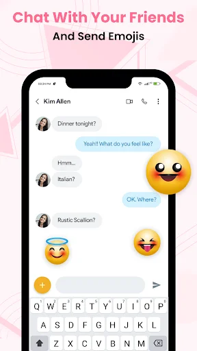 Chat interface with emoji keyboard, emoji reactions, and text messaging to friends in Messages SMS app