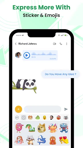 Messaging conversation showing voice message, sticker pack with animals, and emoji options for expressive communication