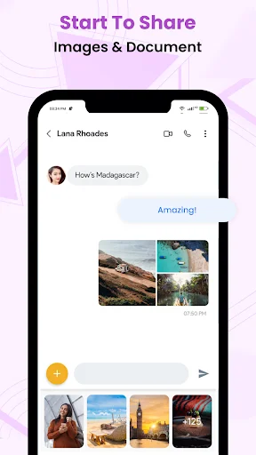 Chat screen displaying shared image gallery in grid layout with photos for image and document sharing capability