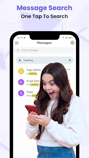 Message search feature with one-tap search results showing contacts and messages with search keyword filtering