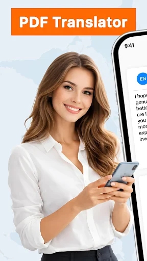 Woman holding smartphone displaying PDF Translator with multilingual text translation and language options