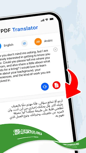 PDF Translator app interface showing English to Arabic translation with voice play and record buttons