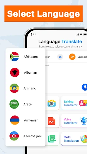 Language selection dropdown menu displaying multiple languages with country flags and translation tool options
