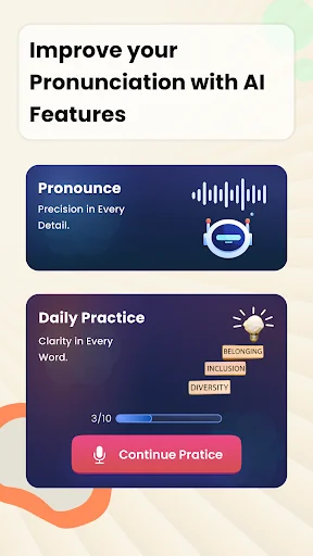 App intro with AI pronunciation features including daily practice, progress tracker, and continue practice button