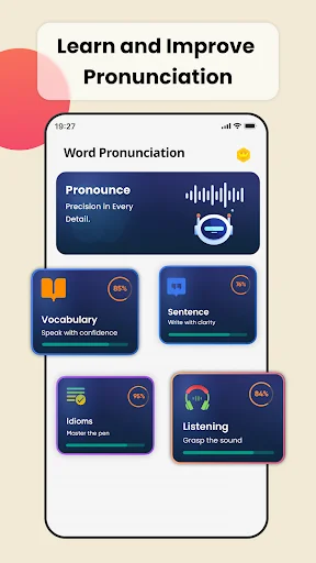 Learning interface with four modules: vocabulary, sentence, idioms, listening features with icons and descriptions