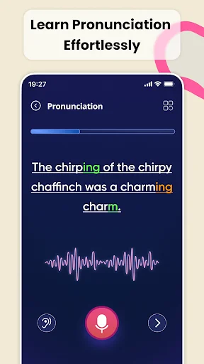 Pronunciation practice with highlighted text, audio waveform, playback controls and microphone recording button