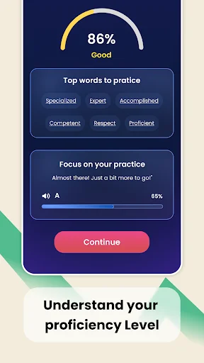 Proficiency assessment showing 86% score with recommended practice words and focus area improvement suggestions