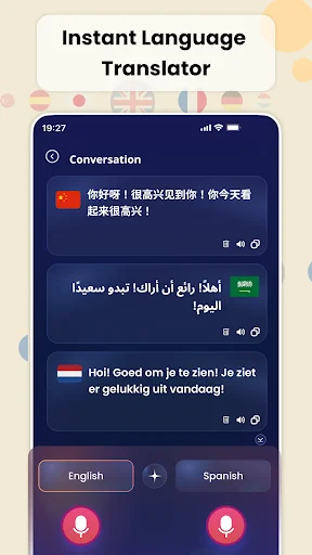Language translator showing conversation with Chinese, Arabic, and Polish translations and language selection
