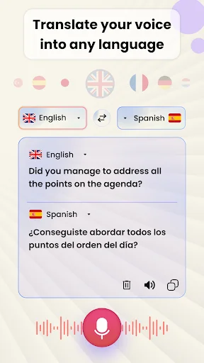 Voice translation converting English text to Spanish with language selector and voice input microphone button