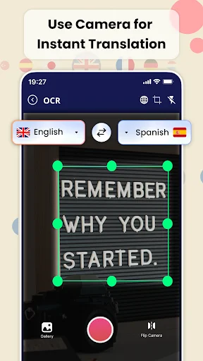 Camera OCR translation detecting text from images with English to Spanish conversion and language selection
