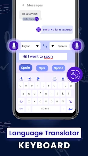 Language Translator keyboard with bilingual English-Spanish support, spell correction, and translation features