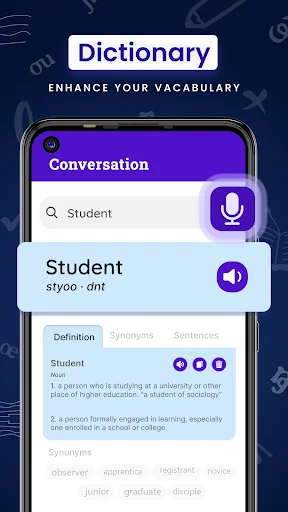 Dictionary feature showing word definition, pronunciation, synonyms, and sentences for vocabulary lookup and enhancement