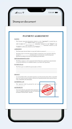 Payment agreement document with red 'APPROVED' stamp applied diagonally, showing document watermarking capability in Stamp Maker app