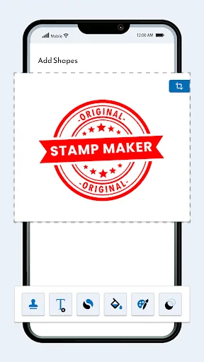 Stamp Maker 'Add Shapes' screen showing red circular stamp design and toolbar with shape, text, and drawing tool icons